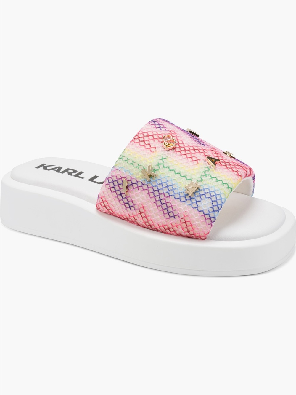 Karl Lagerfeld NWT opal mesh platform slide sandals rainbow charms